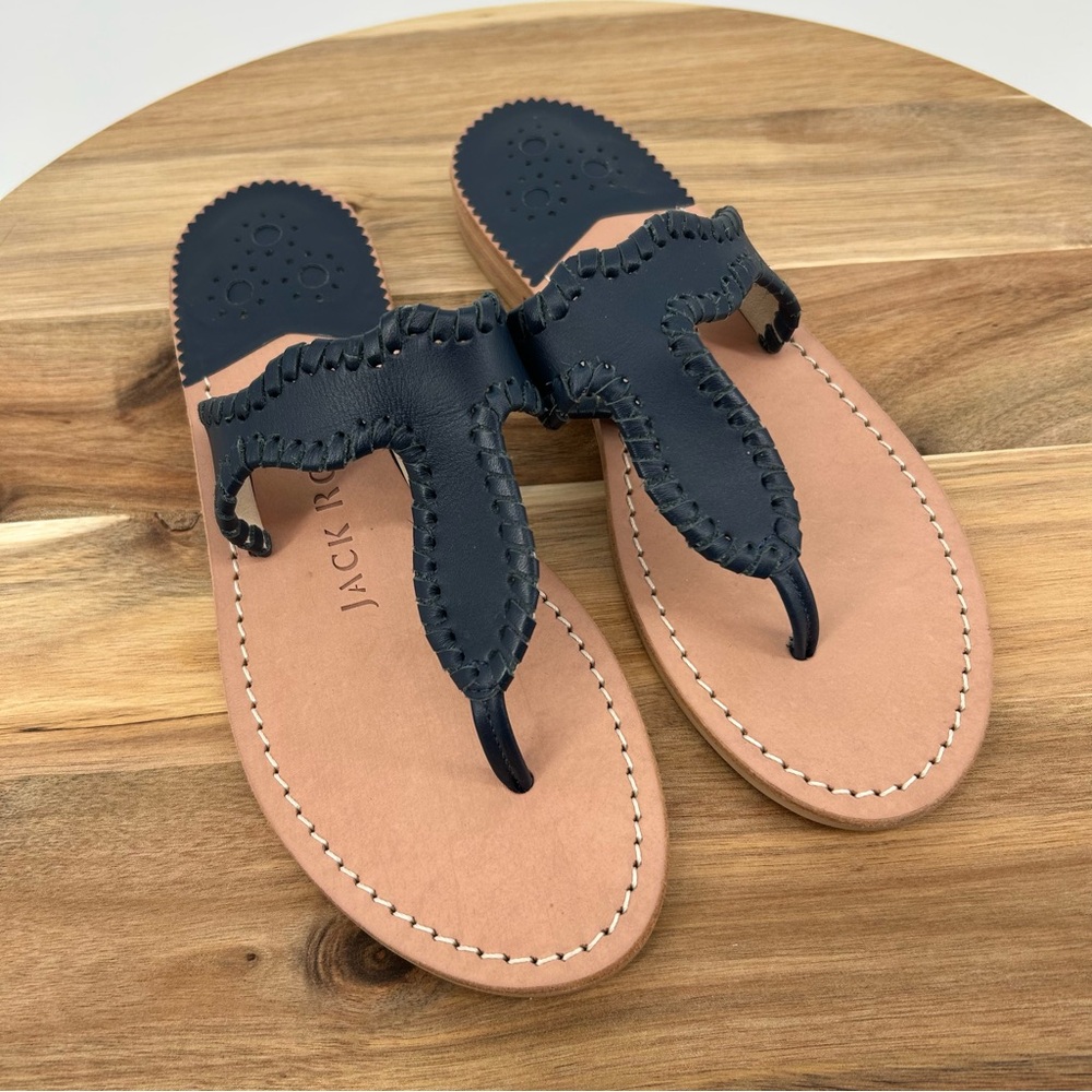 Jack Rogers Navy Blue and Tan Leather Flat Sandals Womens Size 6 Medium - Picture 1 of 10